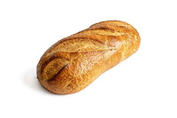 Loaf of homemade bread with a golden crust on a white background