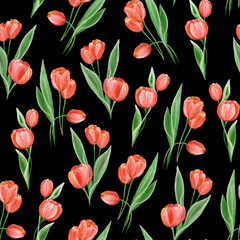 Obraz premium Red tulips on a black background. Seamless patterns. Bright floral watercolor illustration. For printing on fabric.