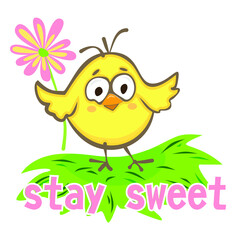A bright illustration of a little cute chicken holding a flower, staying on green grass. It's childish, perfect suitable for kids, especially girls