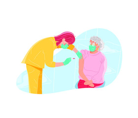 Hand drawn vector illustration. Vaccination of the elderly.  A nurse makes an injection to an elderly woman. People vaccination. Boost immunity, health care. Cartoon, flat
