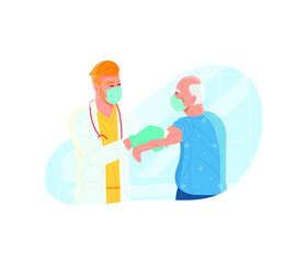 Vector illustration in cartoon flat style. Vaccination of the elderly.  A doctor makes an injection to an elderly man. People vaccination. Boost immunity, health care