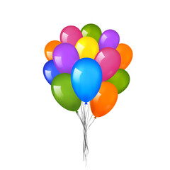 Balloons 3D bunch set, thread, isolated white background. Color glossy flying baloon, ribbon, birthday celebrate, surprise. Helium ballon gift. Realistic shape, design happy bday Vector illustration