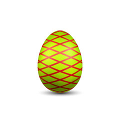 Easter egg 3D icon. Red green color egg, isolated white background. Bright realistic design, decoration for Happy Easter celebration. Holiday element. Shiny pattern. Spring symbol. Vector illustration