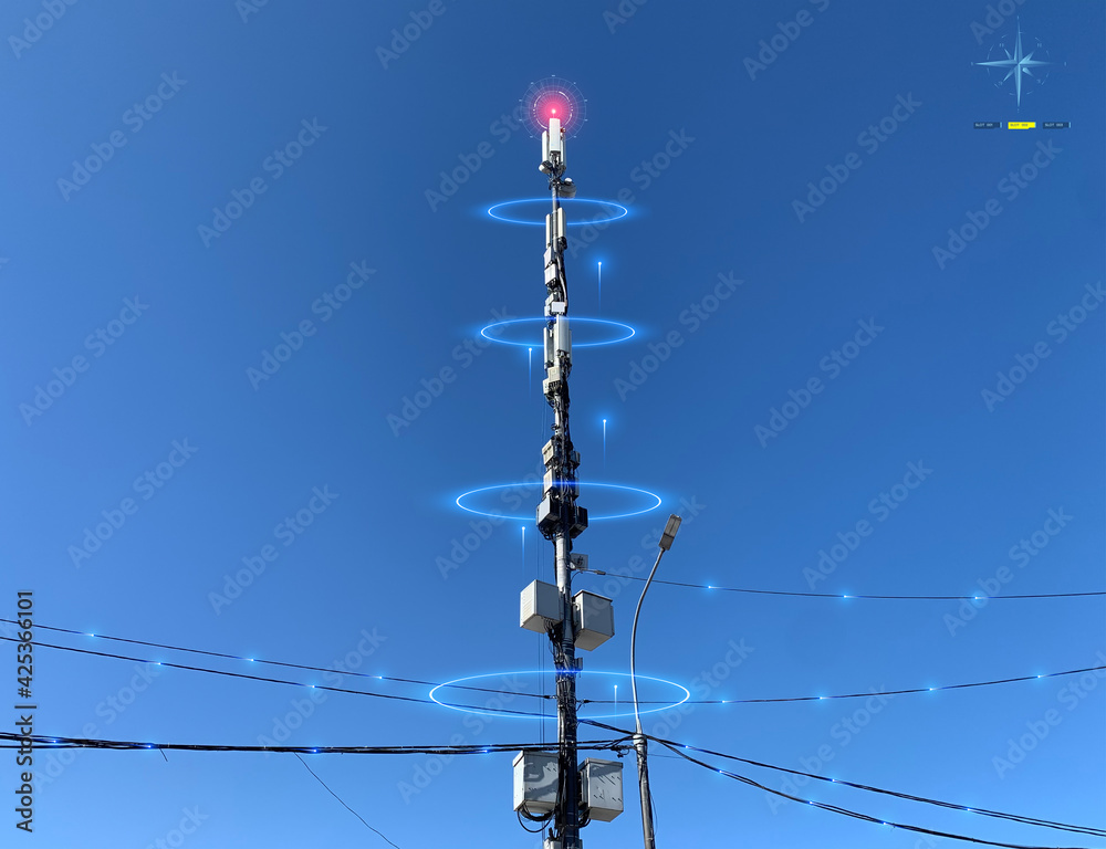 Poster 5G communication tower for wireless hi-speed internet. Telecommunications tower cells for mobile communications and iot.