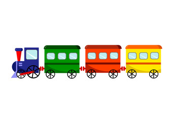 Childrens illustration of a toy train with carriages. Vector illustration isolated on white background. Drawing for use in prints, patterns, childrens clothing, advertisements, cards and invitations
