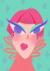 Flat colorful illustration of pink hair women