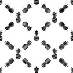 Pineapple seamless pattern. Black tropical fruits textile texture on white background. Food print, fabric wrapping decorative backdrop. Typography graphic. Repeat design element. Vector illustration