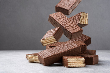 Falling waffle chocolate bar, heap of wafer