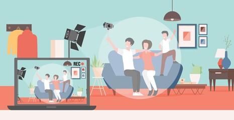 Happy smiling family making video blog about their life vector flat illustration. Mother, father and son sitting on sofa and streaming, recording vlog or podcast. People make content for social media.