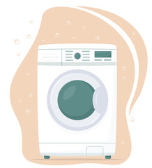 Washing machine in flat style. Washing clothes. Modern laundromat, home appliance for household chores. Front view, close-up. Laundry service room vector illustration