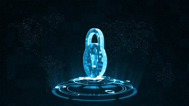 Motion graphic of 3D Blue security key with rotation circle technology abstract background Network security concept