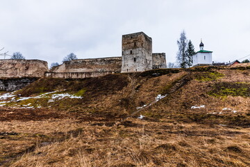Fototapeta na wymiar Izborsk fortress of the XIV century, located on Zheravya. It is one of the oldest well-preserved fortresses in the north-west of Russia 