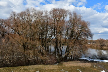 Spring day. The snow had almost melted, the trees are leafless on the riverbank. Bright blue sky with beautiful white clouds.