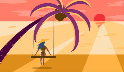 Happy summer. A girl sitting and watching the sunset  On a beach swing at a sea.  Vector illustration for content summer, people, happiness, holiday lifestyle, relaxation, sea, beach, evening weather.
