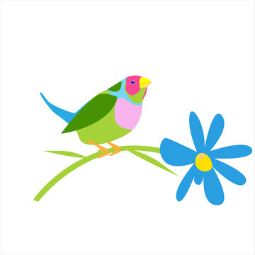 stock vector image on a white background. spring illustration with a bird and flowers. a bird sits on a blue flower. summer illustration in the flat style. image for postcards and printing.