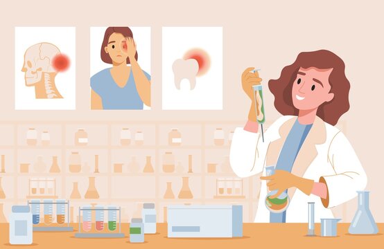 Happy smiling woman in lab coat making new treatment from different body pains vector flat illustration. Doctor inventing painkillers against headache, migraine, and toothache concept.