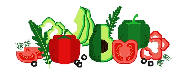 Vegetables and herbs. Avocado, pepper, tomato, olives, dill. Healthy food, eco products. Delicious vegetarian snack. Vector illustration. Proper nutrition.
