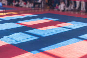 Sports background. Red-blue colors of traditional soft floor covering for karate, taekwono practice. - obrazy, fototapety, plakaty