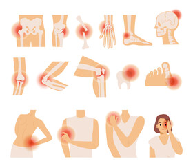 Set of different body pain vector flat illustration. Headache, pain in the arm, leg, shoulder, and lower back. Migraine and toothache concept. Painkiller, rheumatology, or rheumatic disorder. - obrazy, fototapety, plakaty
