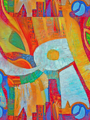 Obraz premium Abstract beauty.Red and yellow background with shapes and city.Illustration for the design.