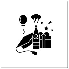 Graduation party glyph icon. Celebrating finished education. Surprise. Decoration, balloon, alcohol. Graduate cup. Graduation concept.Filled flat sign. Isolated silhouette vector illustration