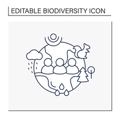 Humans and ecosystem line icon.People impact ecosystem. Protection flora,fauna. Saving animals,plants. Prevention of global warming. Earth protect concept. Isolated vector illustration.Editable stroke