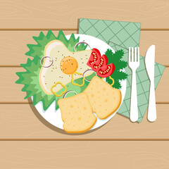 Delicious scrambled eggs with cabbage and dill. White bread slices. Pieces of tomatoes on a white plate. Fork and knife on a napkin. Illustration on wooden background.Cozy vector illustration in flat