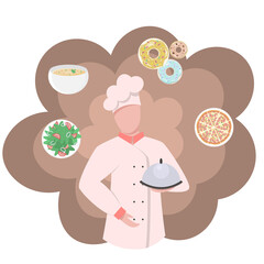 The chef holds the dish in his hand. Image of the profession of a chef in a flat style. Man Without a Face. Soup, salad, pizza and donuts. Vector illustration for food industry