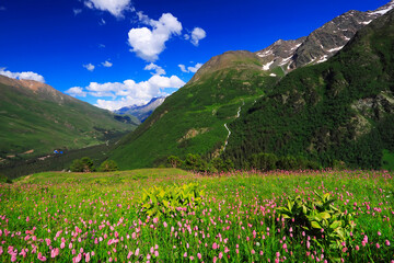 Beautiful landscape of the Caucasus mountains, nature of the Elbrus region. Panoramic view of the Greater Caucasus Mountain Range