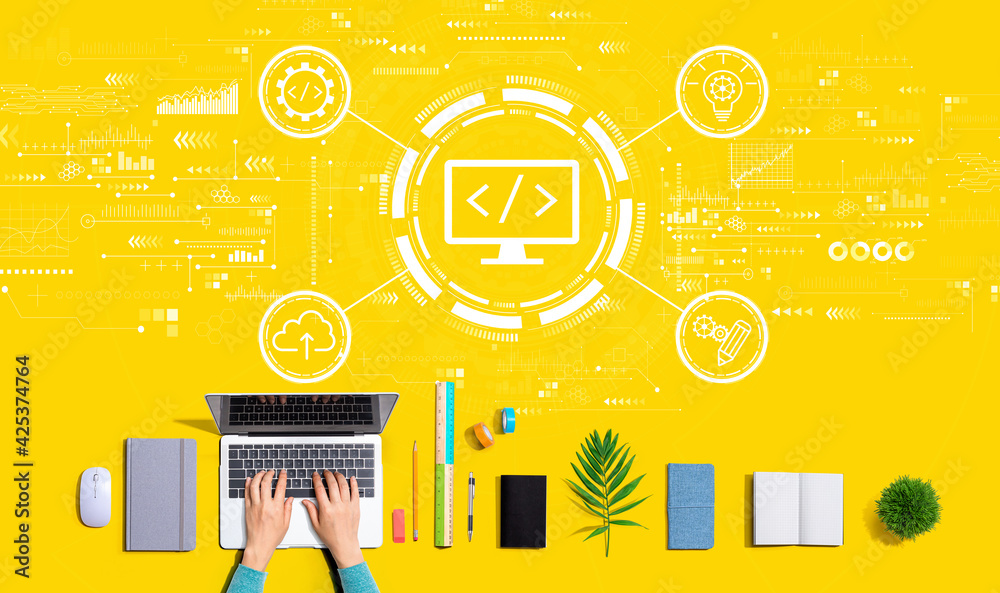 Wall mural web development concept with person using a laptop