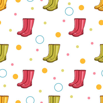Seamless patternd with the image of colored rubber boots and circles. Colored vector background for textile decoration, gift wrapping, souvenir products.