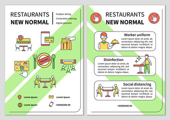 Restaurant new normal brochure. Regulation through covid19 template. Flyer, magazine, poster, book cover, booklet .New rules infographic concept.Layout illustration page with icon