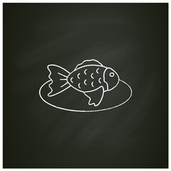 Sakura taiyaki chalk icon.Seasonal waffle-fish. Sweets on plate. Spring Japanese food concept. Isolated vector illustration on chalkboard
