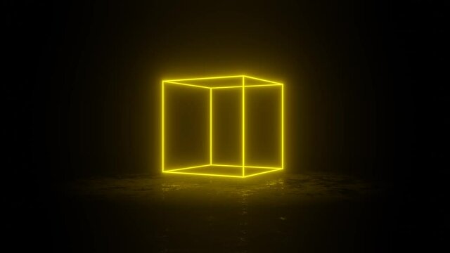 Cube with yellow neon edges spins and hovers over a dark surface. Minimal motion graphic animated background