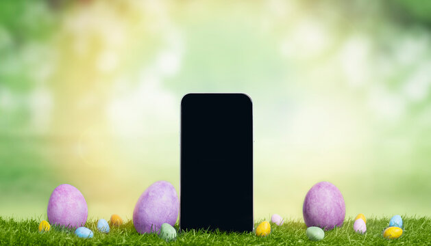 Easter banner with smart phone with blank screen among easter multi-colored decorated eggs. Mobile App Template