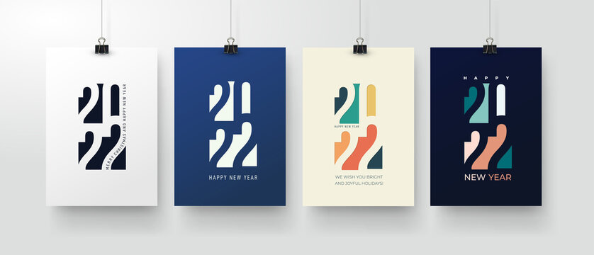 Set of Happy New Year posters, greeting cards, holiday covers. Merry Christmas design templates with typography, season wishes in modern minimalist style for web, social media. Vector illustration.