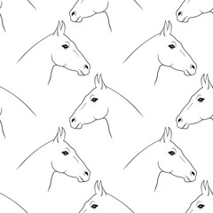 The horse's head. A horse seamless background. A hand drawing, and outline. Isolated on a white background