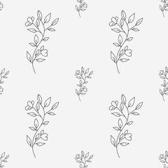 Floral seamless pattern. Simle black linear flower isolated on white background for wrapping, greenery and wallpaper. Nature texture vector seamless pattern. Linear black foliage for cover and decor