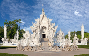 Panorama of Wat Rong Khun, or White Temple in Chiang Rai Province, Northern Thailand