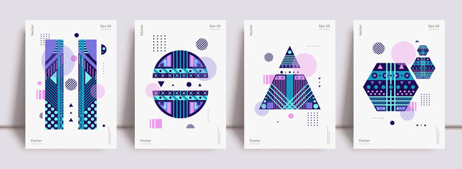 Modern geometric poster set. Red color and dynamic futuristic cover for contemporary certificate and abstract flyer layout. Vector bauhaus geometric artwork with circle and triangle. Vector poster set