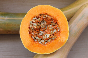 Seeds inside an open pumpkin