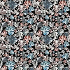 Cute pattern of leaves on a black background printed in ink by hand. Background for design, postcards, packaging paper, textiles.