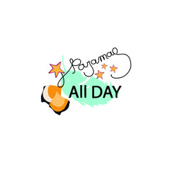 lettering pajama party with turquoise feather on the background, pillows and stars, lettering Pajamas all day