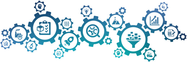 product management or product development vector illustration. Concept with connected icons related to aspects of brand strategy & marketing, market research, customer analysis, business plan.