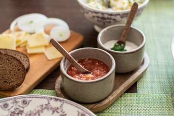 Healthy tomato sauce served on table
