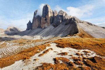 Tre Cime (Three Peaks) di Lavaredo (Drei Zinnen) , are three of the most famous peaks of the Dolomites, in the Sesto Dolomites, Italy, Europe