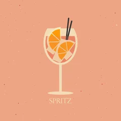 Foto op Plexiglas Aperol spritz cocktail on pink background. Vector illustration of alcohol cocktail drink with ice cubes. Summer cocktail aperetif with oranges © Alina
