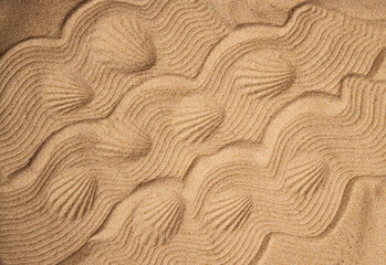 Fototapeta na wymiar Abstract background of sand. Prints of shells and waves of sand. Copy space. Macro. 