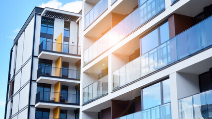Facade of a modern apartment building. Glass surface with sunlight. Modern apartment buildings on a sunny day with a blue sky.