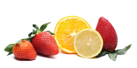 Fototapeta na wymiar Fresh strawberry half, lemon and orange slice isolated on white background